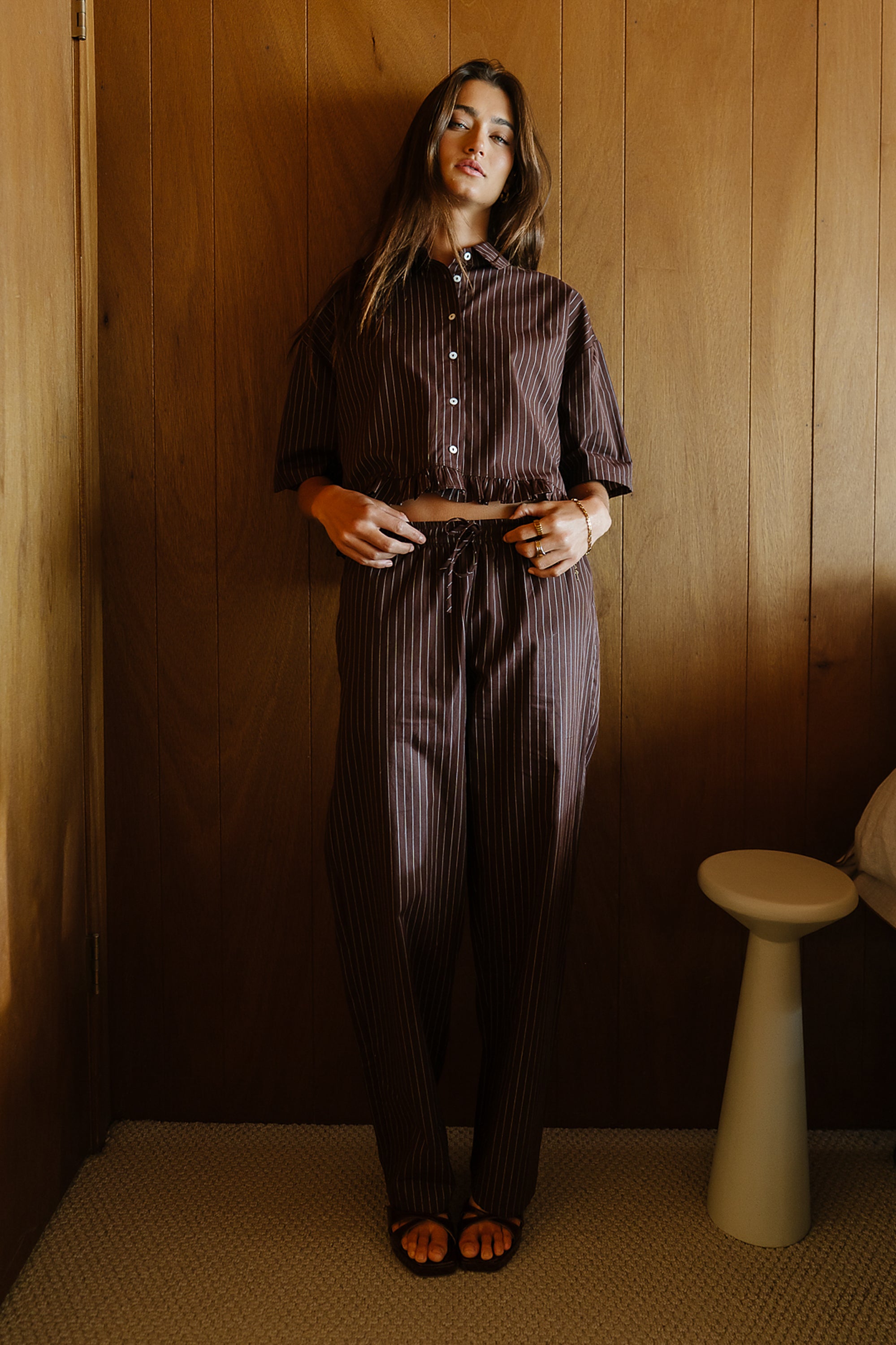 Melody Pinstripe Wide Leg Pants in Dark Brown - FINAL SALE