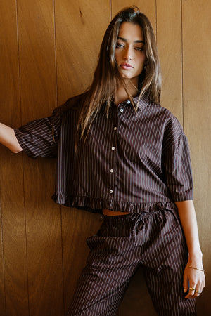 Melody Pinstripe Blouse in Dark Brown - FINAL SALE