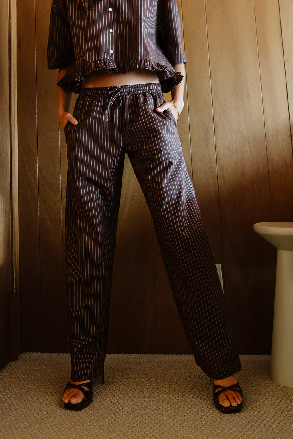 Melody Pinstripe Wide Leg Pants in Dark Brown