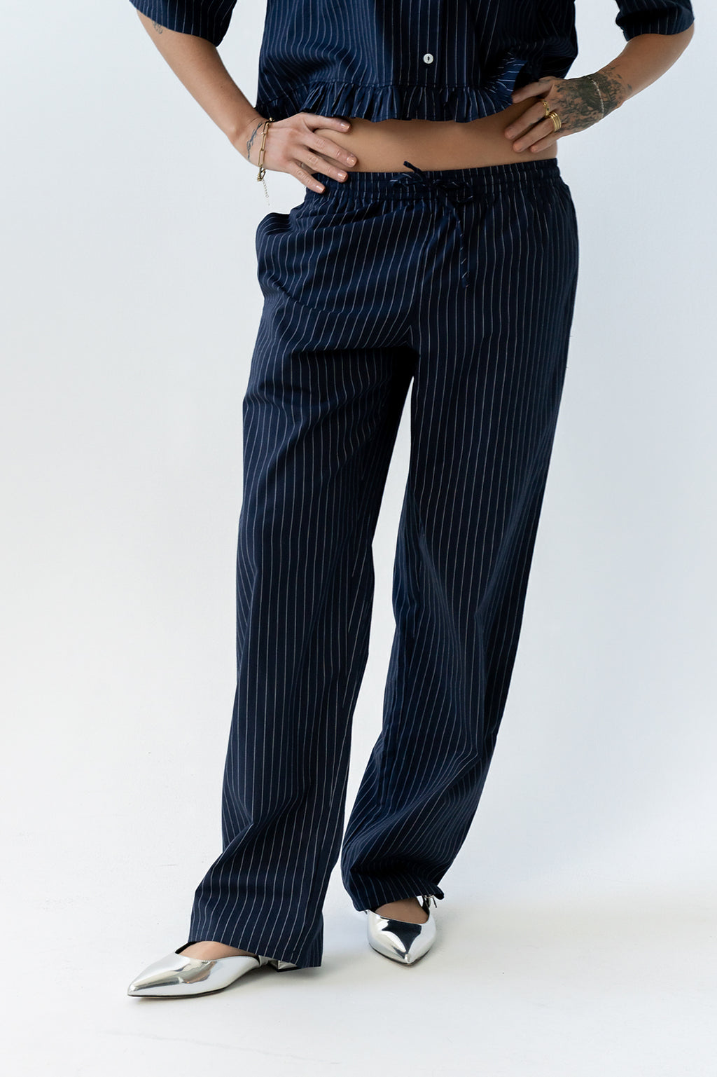 Melody Pinstripe Wide Leg Pants in Navy