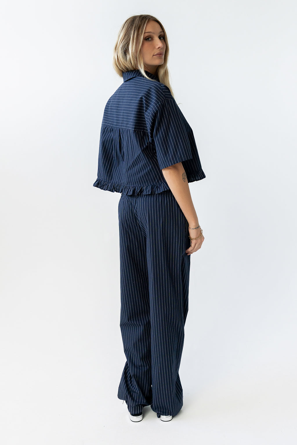 Melody Pinstripe Wide Leg Pants in Navy