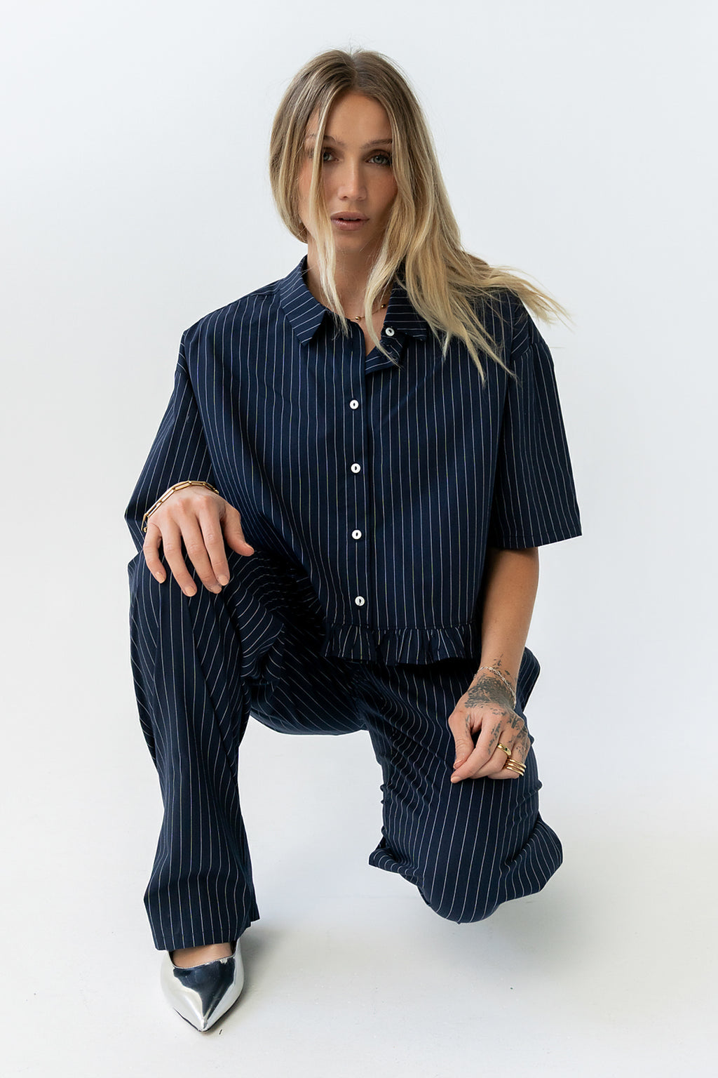 Melody Pinstripe Blouse in Navy