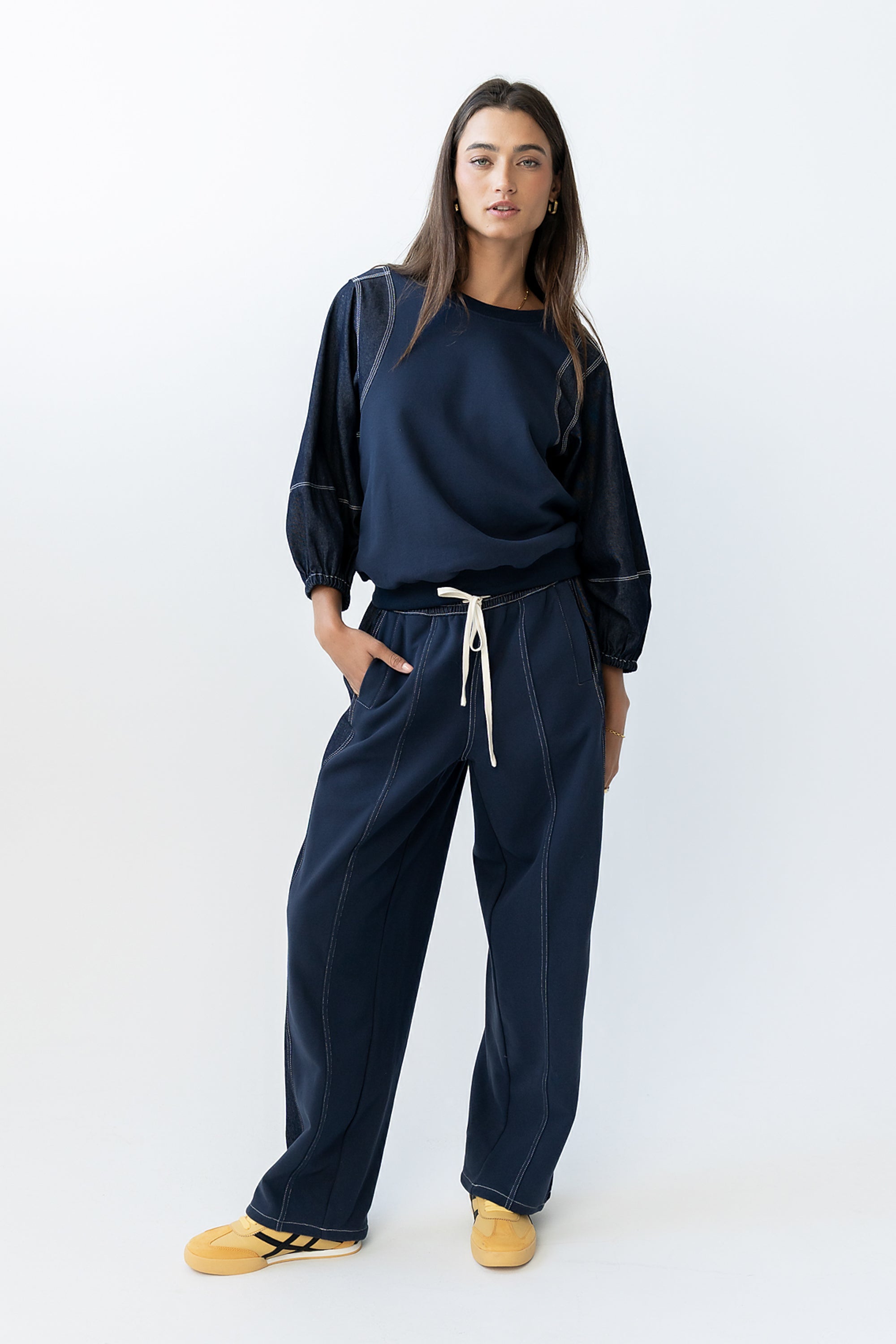 Malinda Mixed Media Baggy Pants in Dark Wash - FINAL SALE