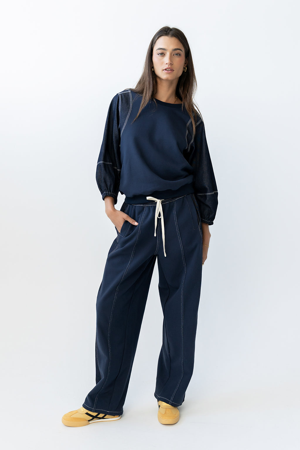 Malinda Mixed Media Baggy Pants in Dark Wash - FINAL SALE