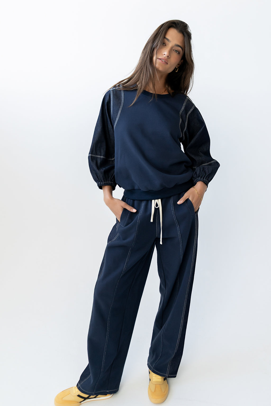 Malinda Mixed Media Top in Dark Wash - FINAL SALE