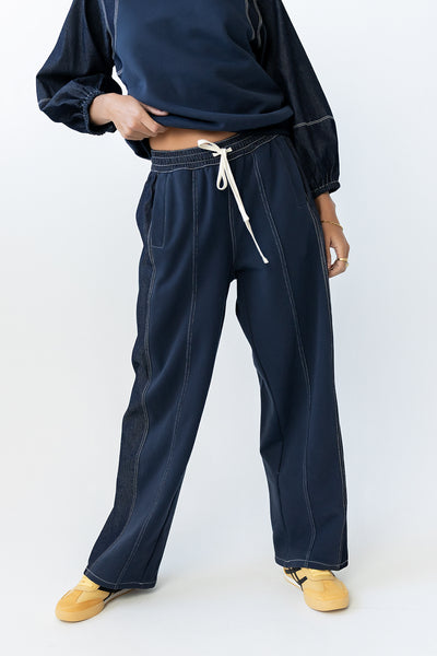 Malinda Mixed Media Baggy Pants in Dark Wash - FINAL SALE