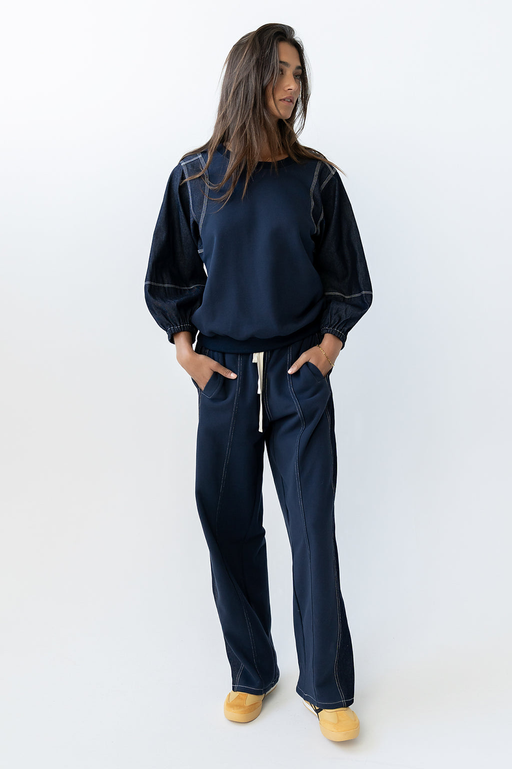 Malinda Mixed Media Baggy Pants in Dark Wash - FINAL SALE