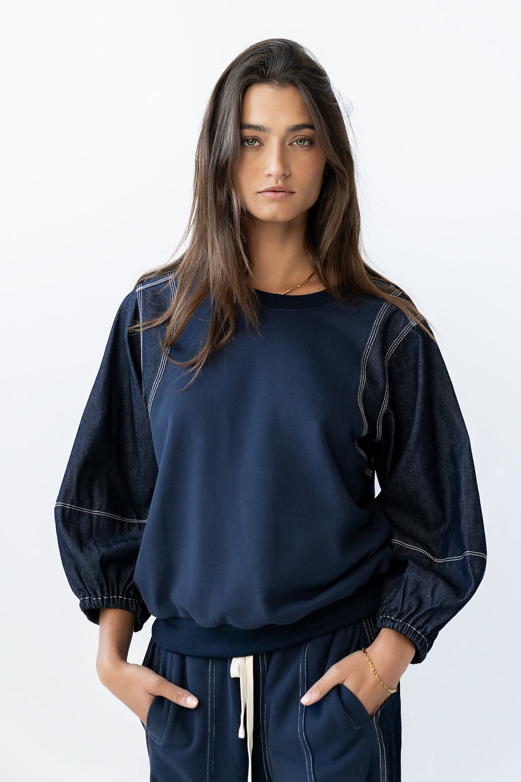 Malinda Mixed Media Top in Dark Wash - FINAL SALE