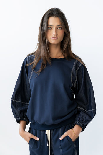 Malinda Mixed Media Top in Dark Wash - FINAL SALE