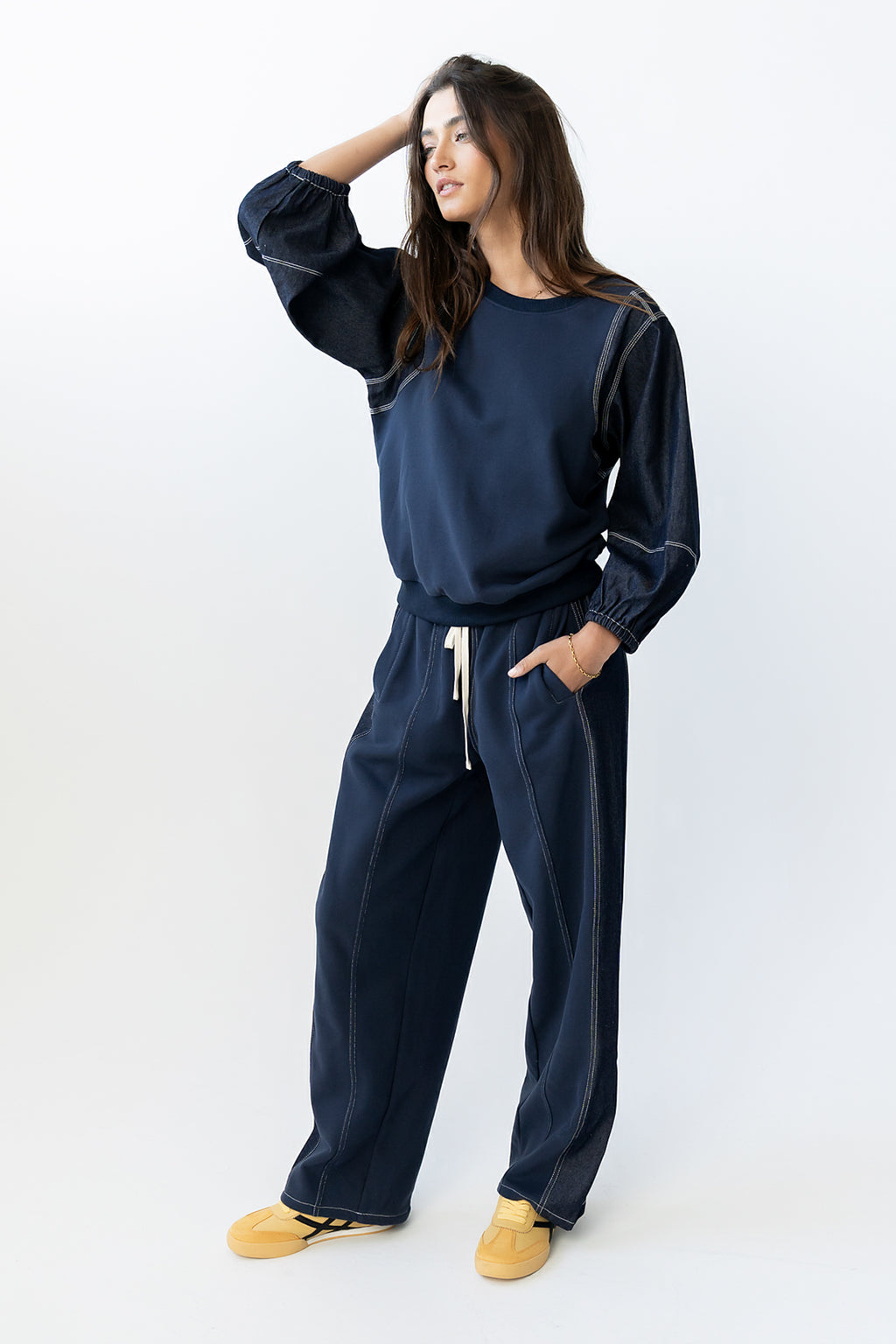 Malinda Mixed Media Baggy Pants in Dark Wash - FINAL SALE
