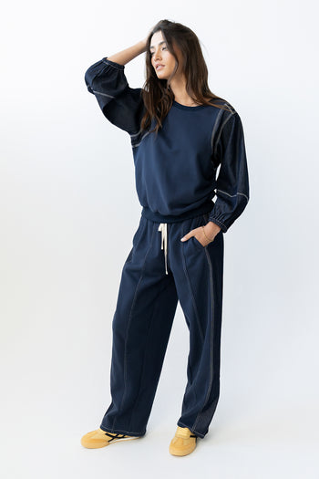 Malinda Mixed Media Baggy Pants in Dark Wash - FINAL SALE