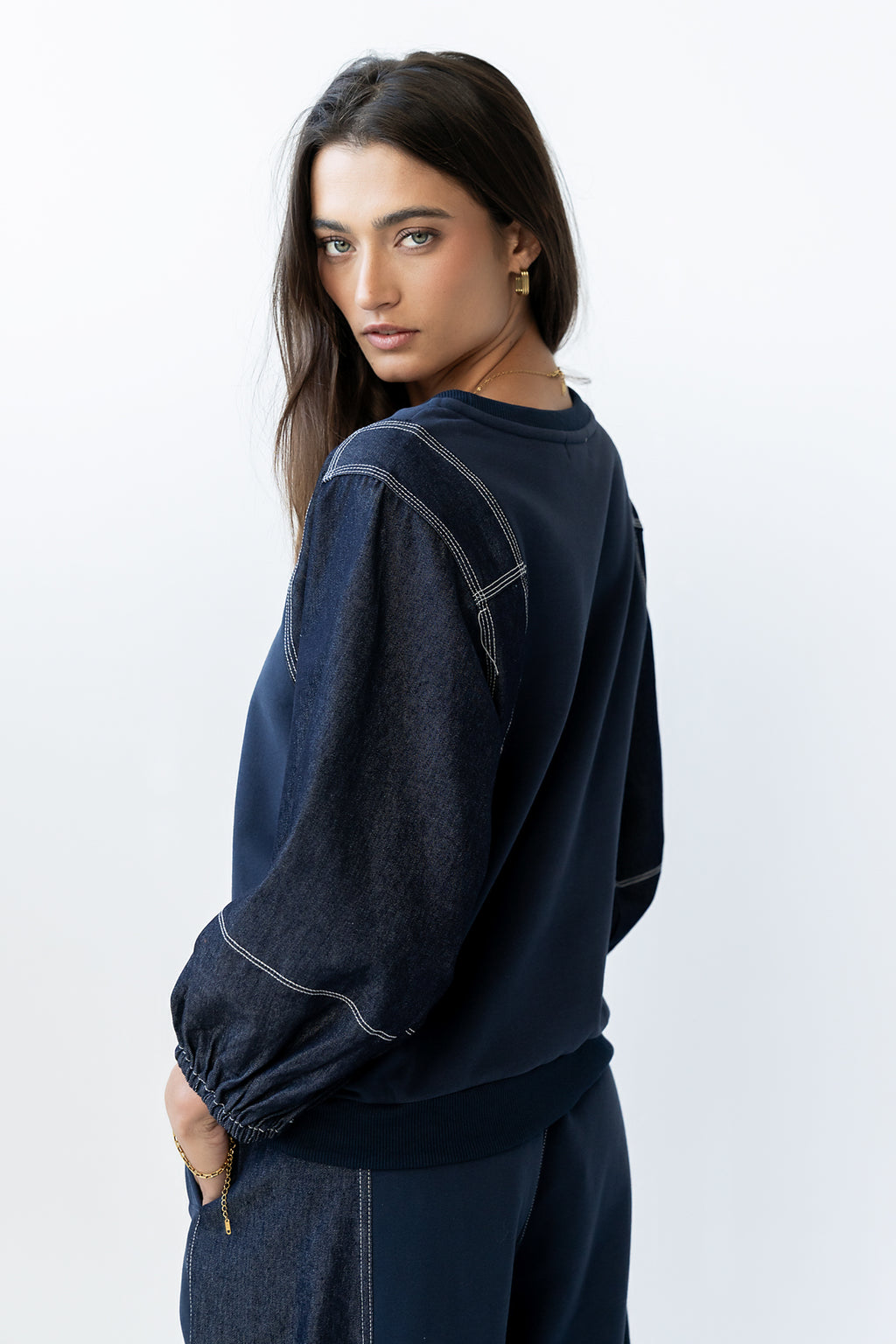 Malinda Mixed Media Top in Dark Wash - FINAL SALE