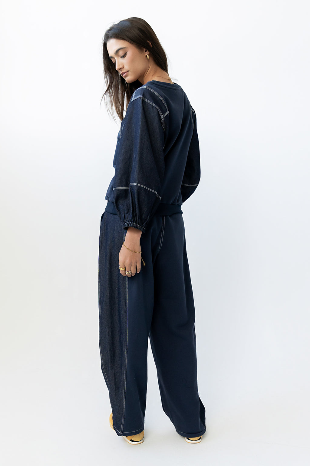 Malinda Mixed Media Baggy Pants in Dark Wash - FINAL SALE