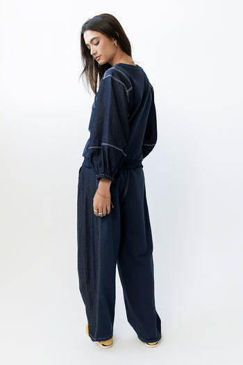 Malinda Mixed Media Baggy Pants in Dark Wash - FINAL SALE