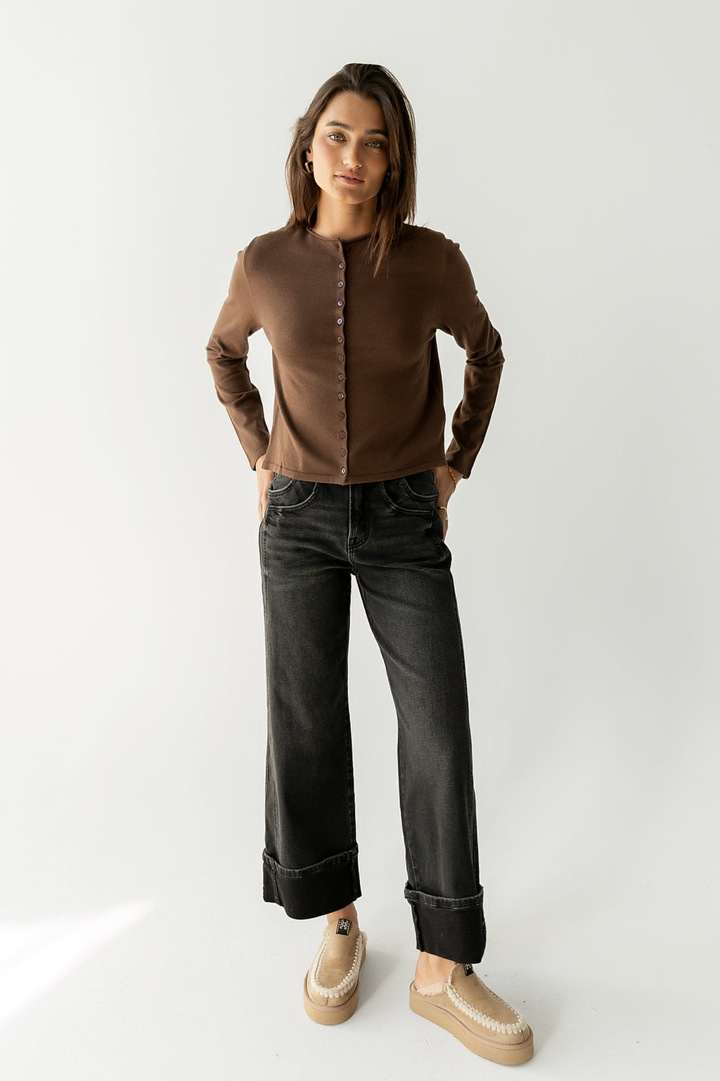Maddy Button Up Cardigan in Brown - FINAL SALE