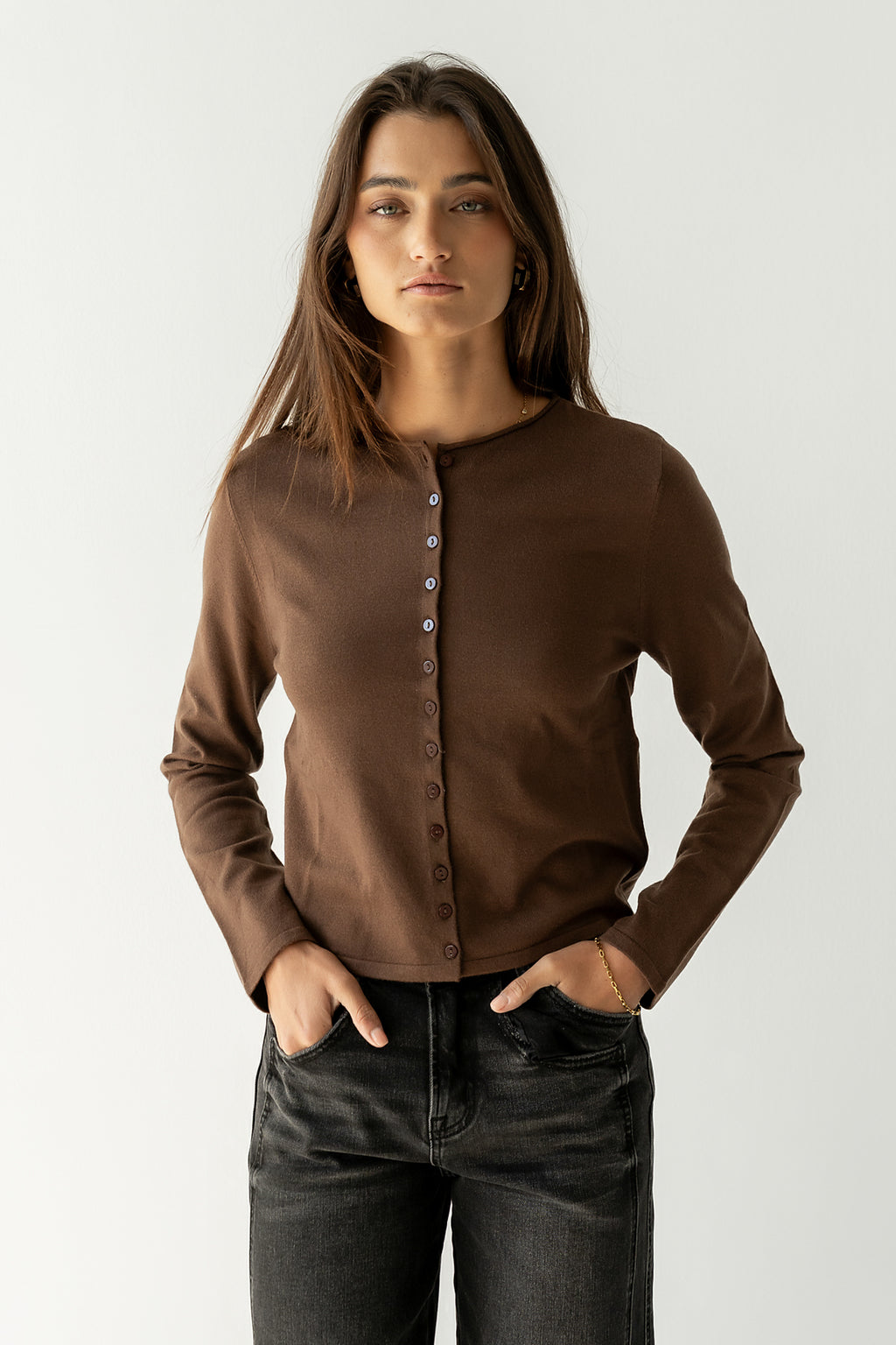 Maddy Button Up Cardigan in Brown - FINAL SALE