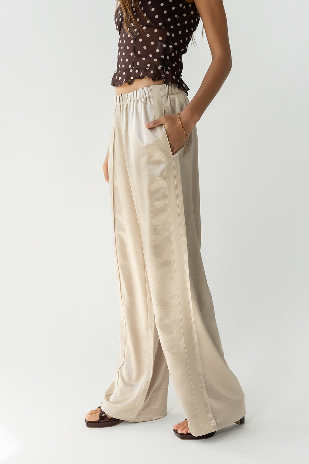 Gemma Satin Wide Leg Pants in Champagne