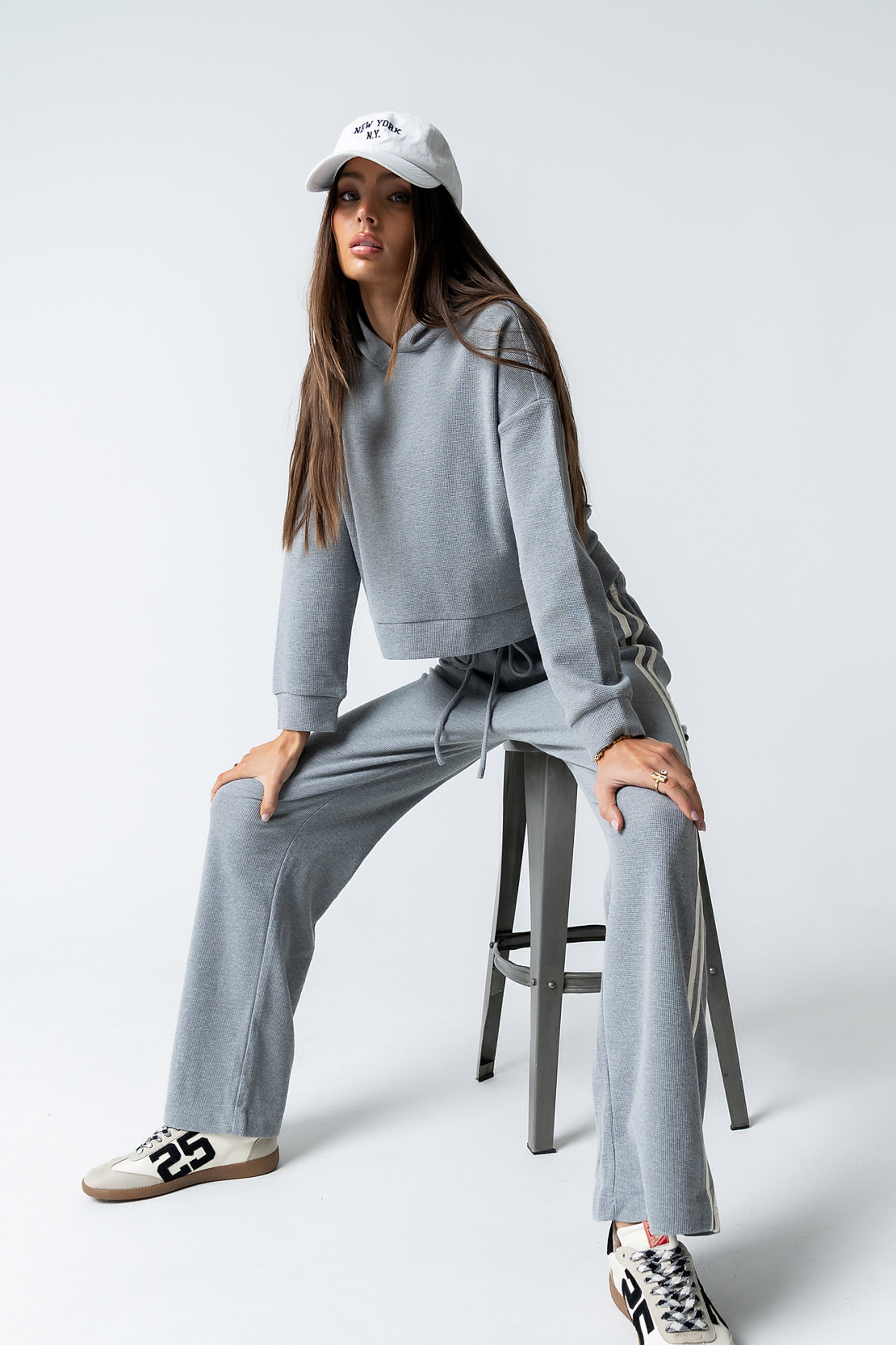 Kourtney Waffle Knit Hoodie in Grey - FINAL SALE
