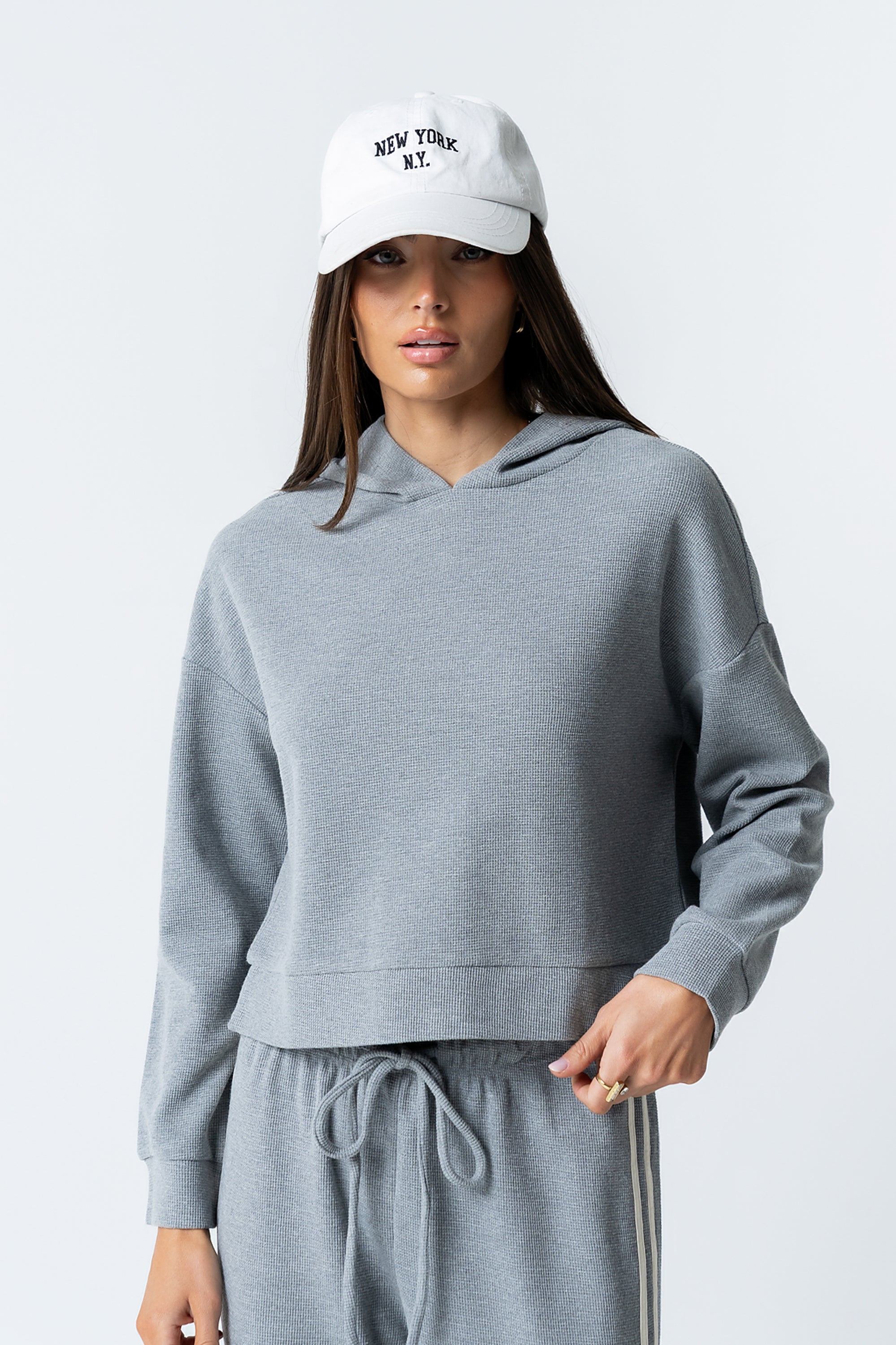 Kourtney Waffle Knit Hoodie in Grey - FINAL SALE