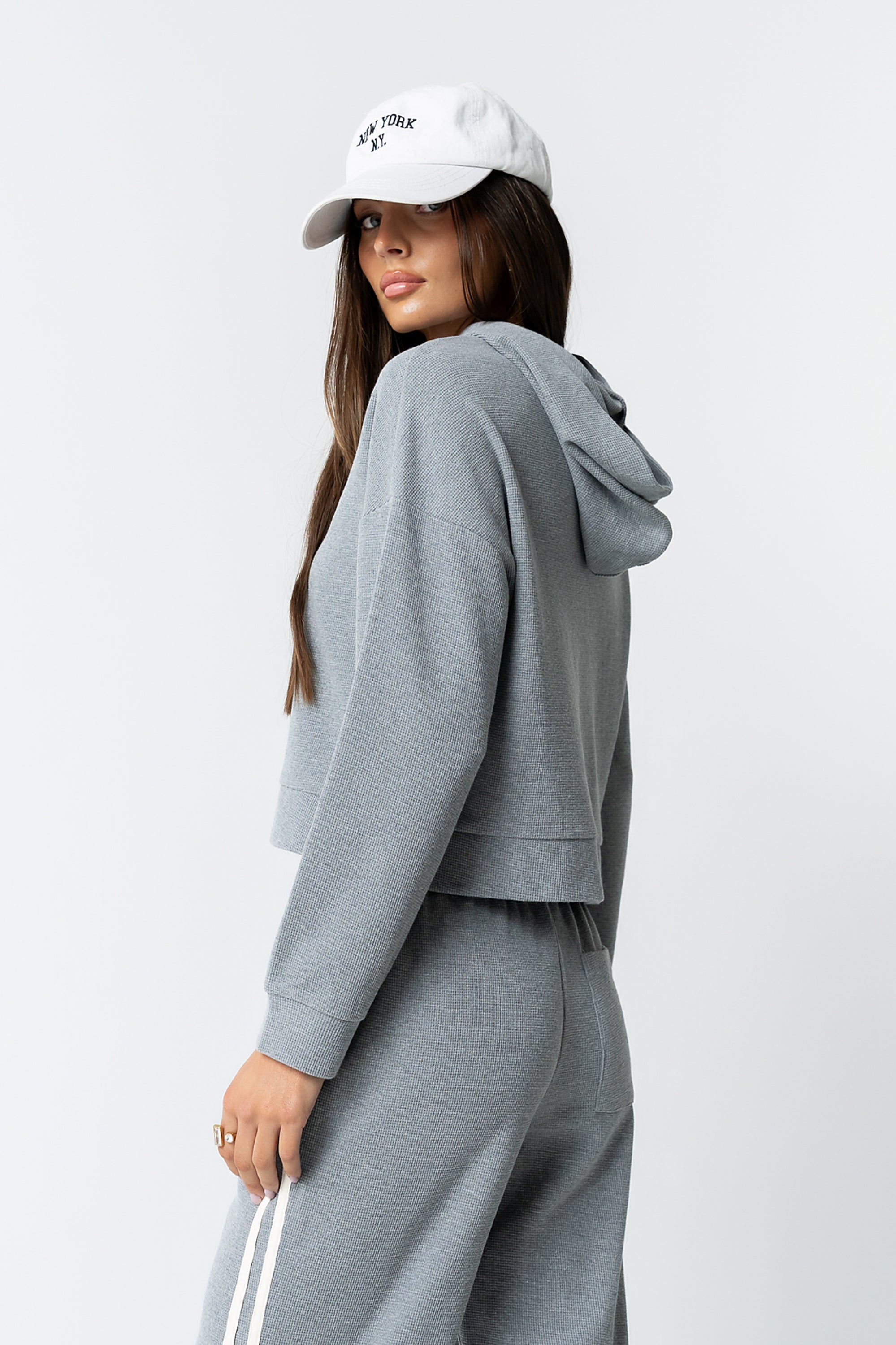 Kourtney Waffle Knit Hoodie in Grey - FINAL SALE