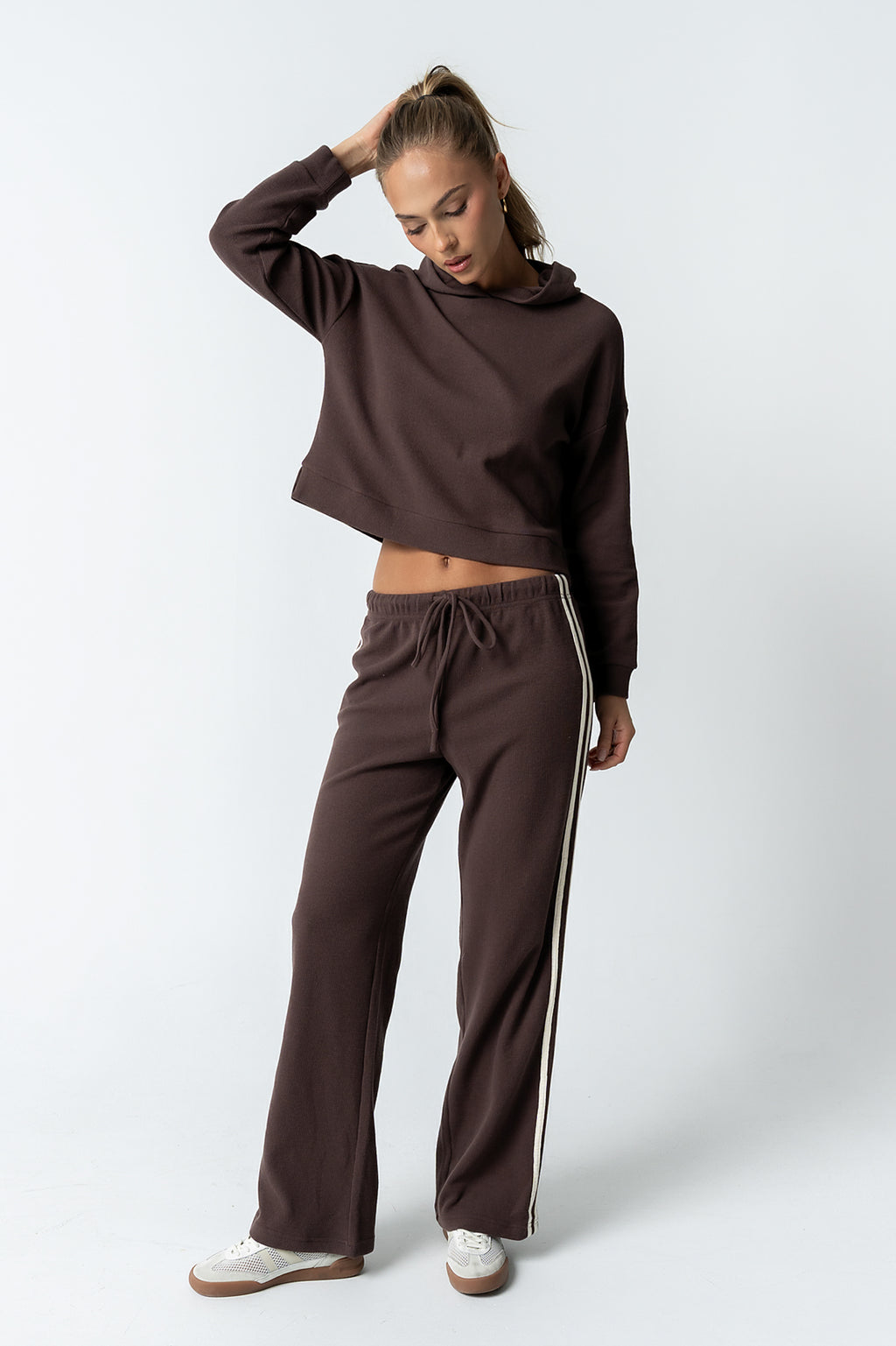 Kourtney Waffle Knit Hoodie in Brown - FINAL SALE