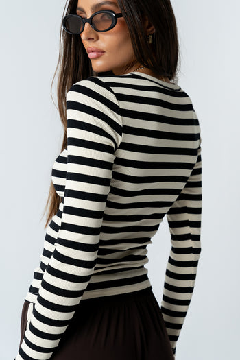 Mia Button Up Top in Striped Black - FINAL SALE