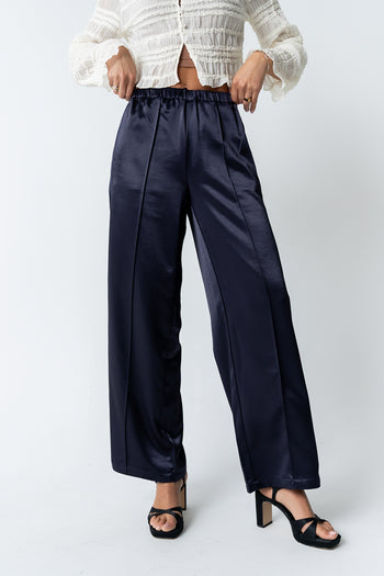 Gemma Satin Wide Leg Pants in Navy