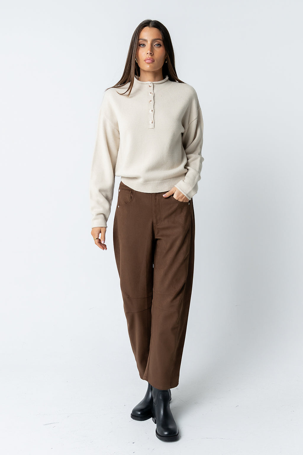 Meli Button Front Knit Sweater in Natural