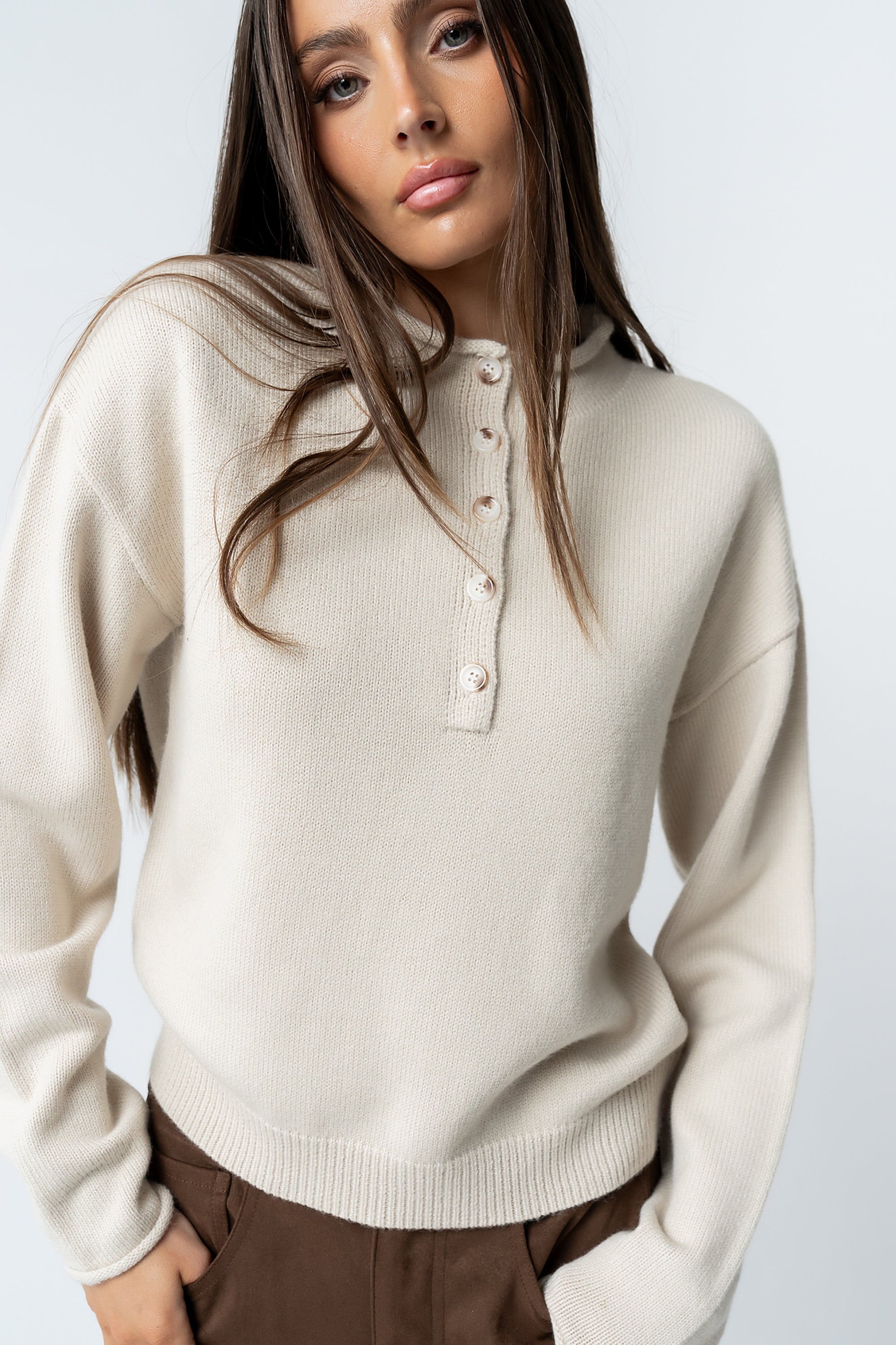 Meli Button Front Knit Sweater in Natural