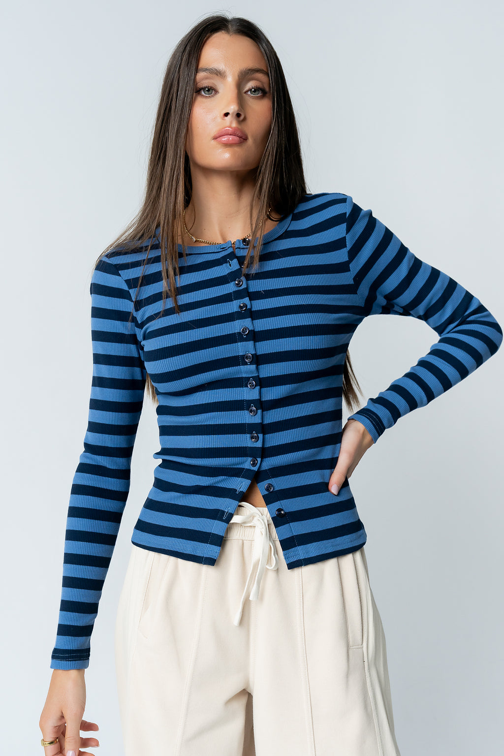 Mia Button Up Top in Striped Navy - FINAL SALE