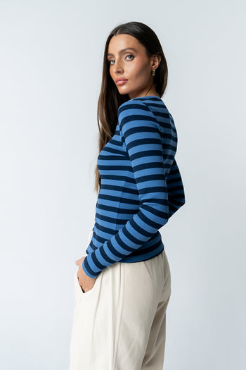 Mia Button Up Top in Striped Navy - FINAL SALE