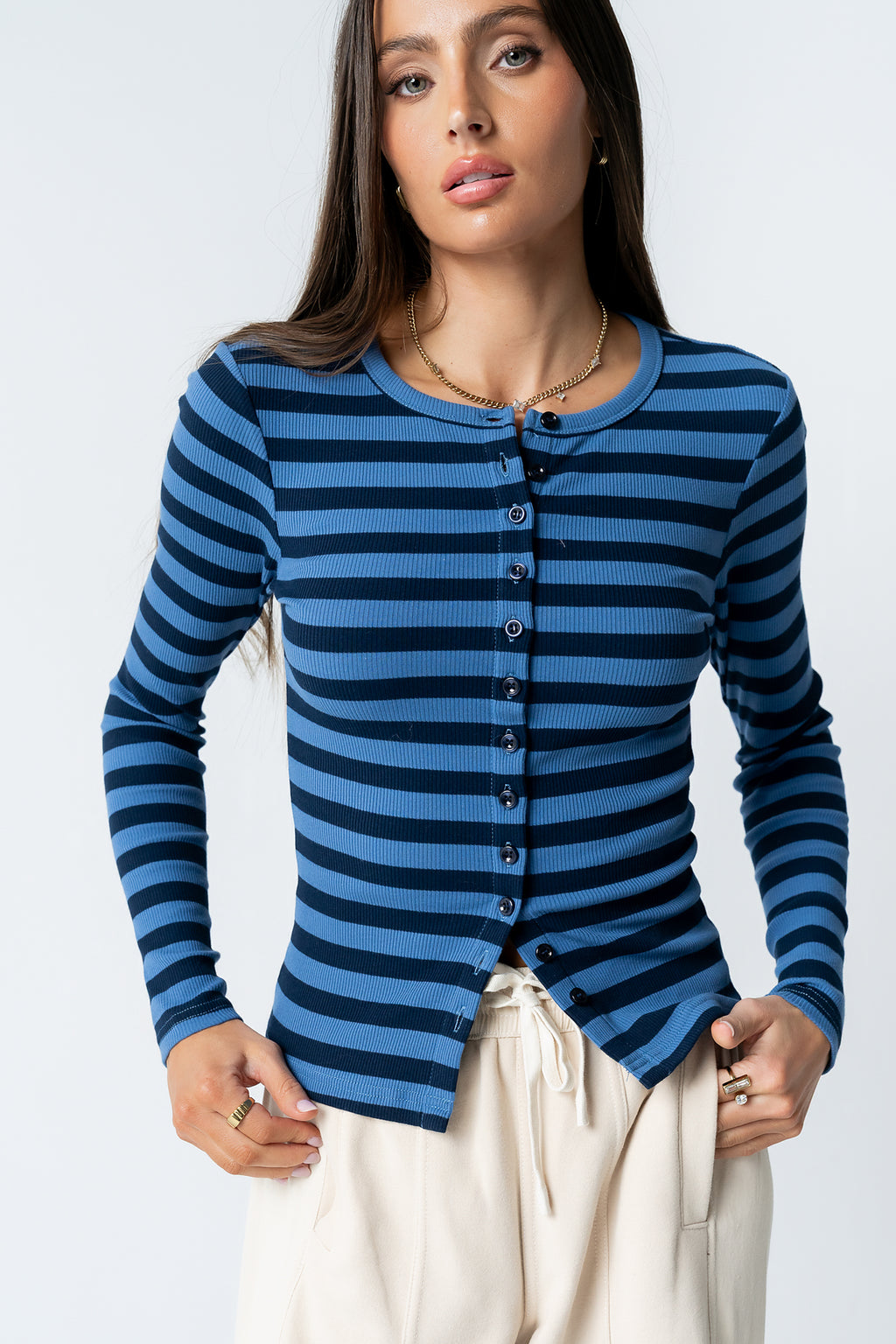 Mia Button Up Top in Striped Navy - FINAL SALE