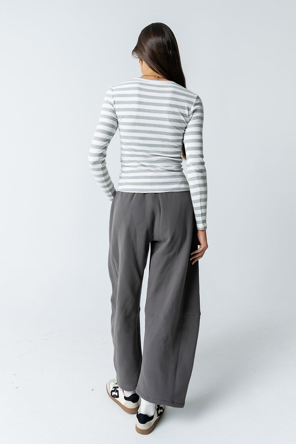 Mia Button Up Top in Striped Grey