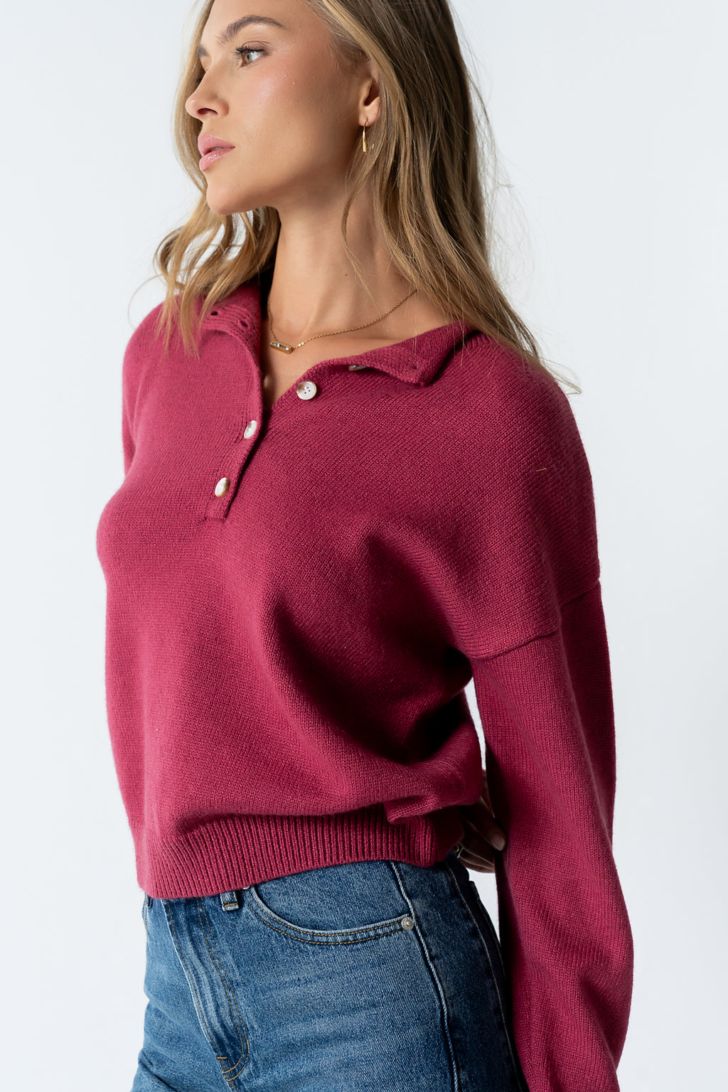 Meli Button Front Knit Sweater in Berry