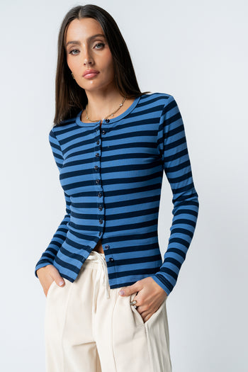 Mia Button Up Top in Striped Navy - FINAL SALE