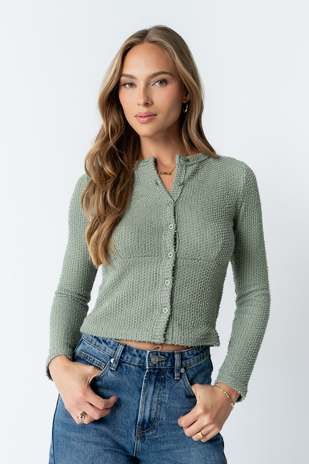 Mindy Button Front Sweater in Green - FINAL SALE