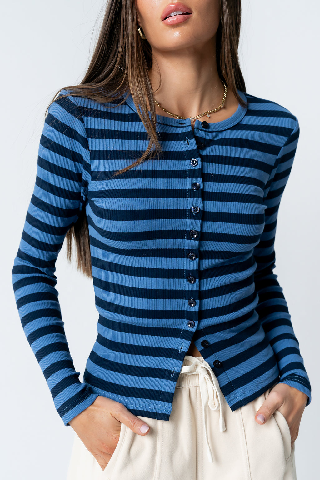Mia Button Up Top in Striped Navy - FINAL SALE