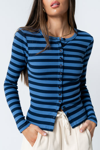Mia Button Up Top in Striped Navy - FINAL SALE