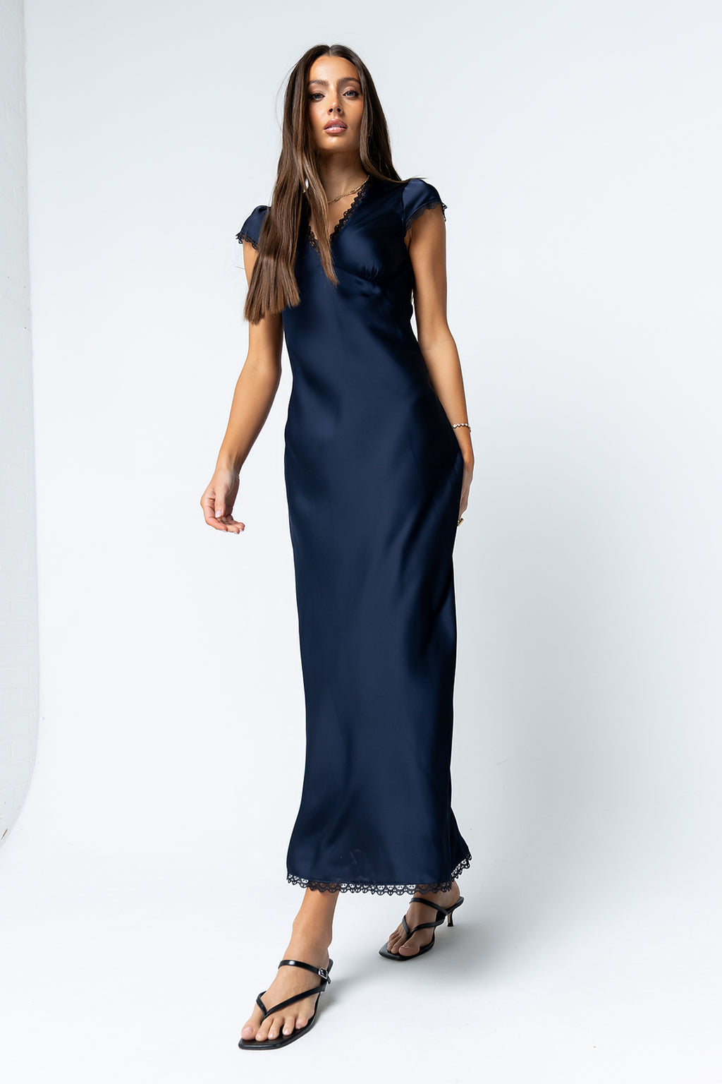 navy blue dress satin Aqua Spaghetti Straps Sheath Satin High Low Prom Dresses With Ruffles Navy Blue / 10