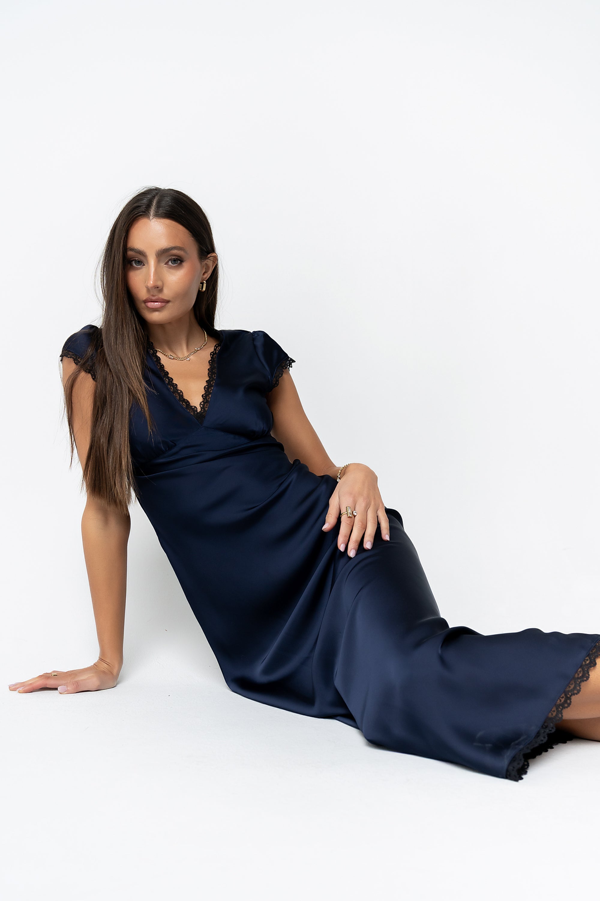 navy blue satin dress Wrenna Satin Maxi Dress