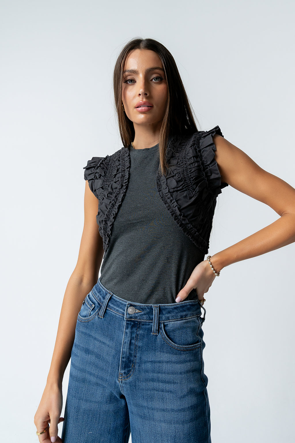 Storie Mixed Media Top in Charcoal