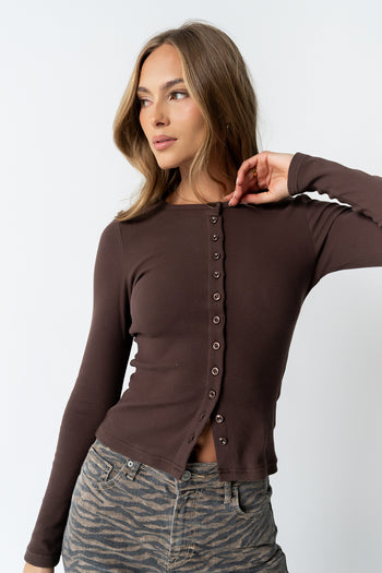 Mia Button Up Top in Brown - FINAL SALE
