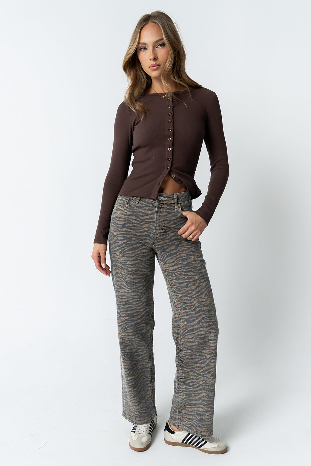 Mia Button Up Top in Brown - FINAL SALE