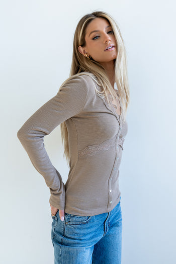 Bennet Lace Trim Top in Mocha - FINAL SALE