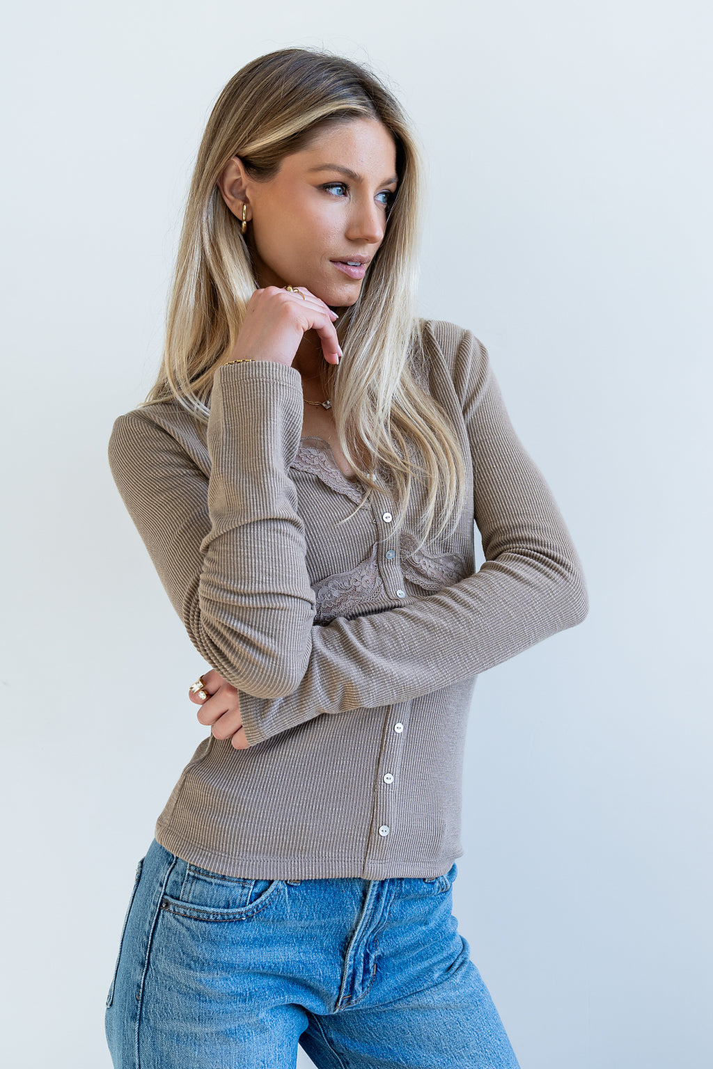 Bennet Lace Trim Top in Mocha - FINAL SALE