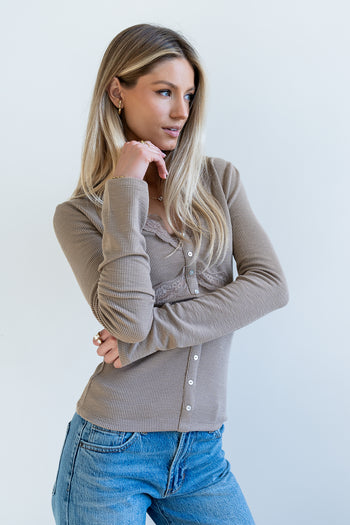 Bennet Lace Trim Top in Mocha - FINAL SALE