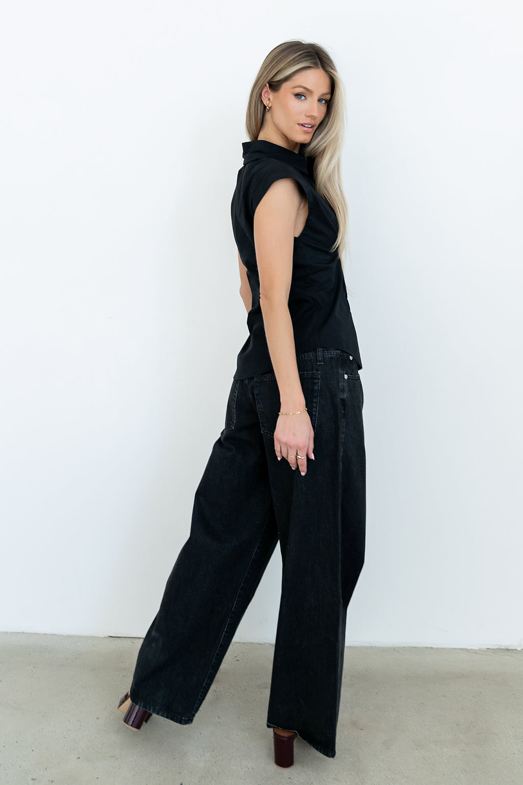 Remi Pleated Button Up in Black