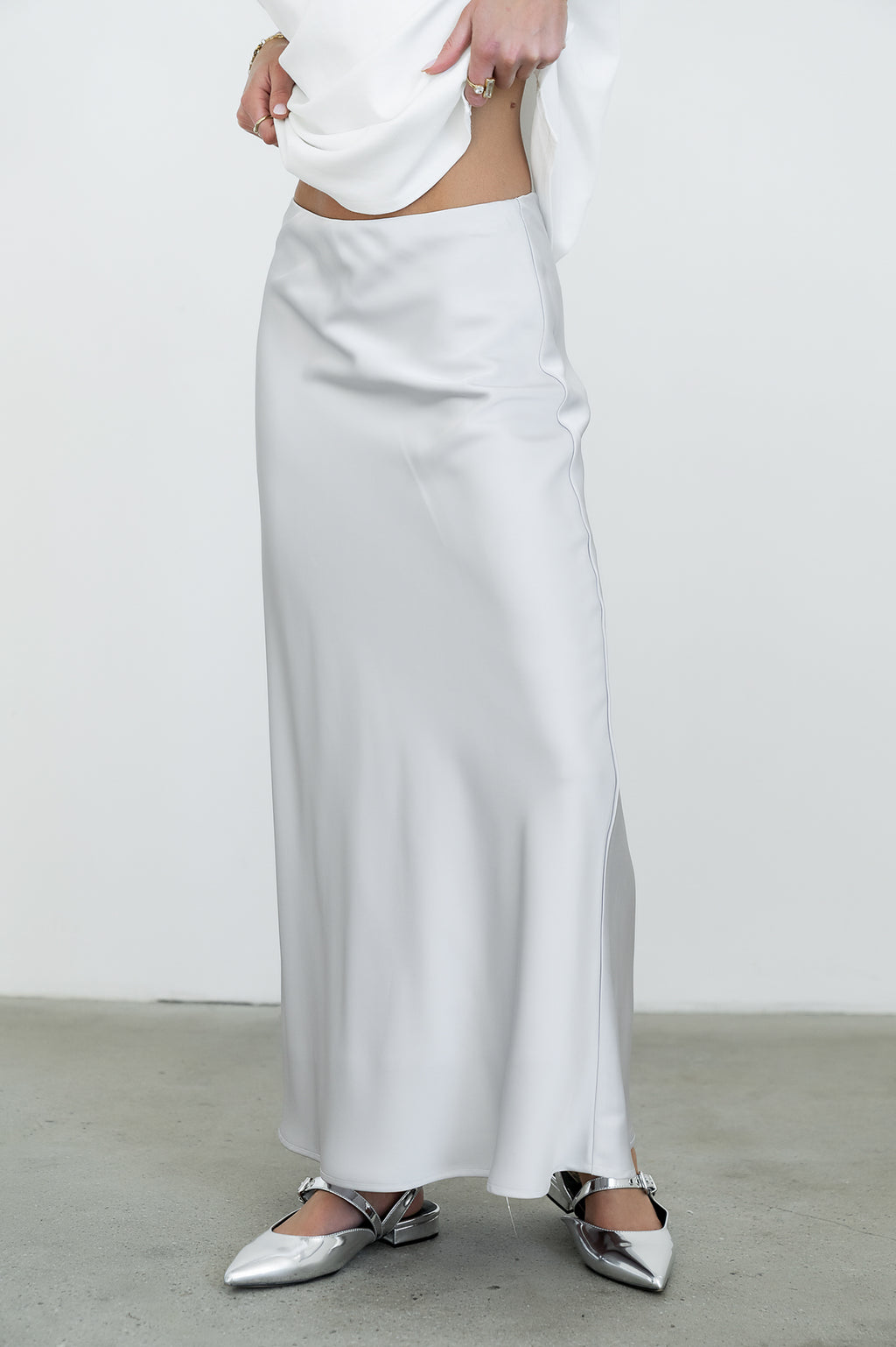 Tory Satin Maxi Skirt in Silver