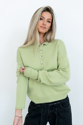 Meli Button Front Knit Sweater in Green - FINAL SALE