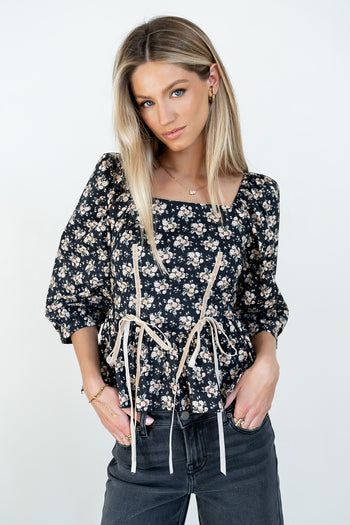 Jerzey Floral Peplum Blouse in Black - FINAL SALE